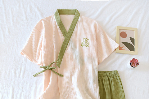 春夏和服睡衣女 拼色包边绉布和服短套装4色 日式洗浴睡衣汗蒸服